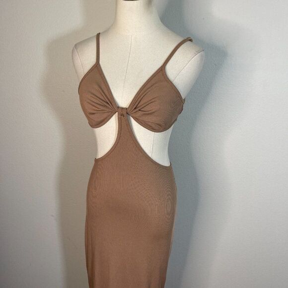 SHEIN M Medium Bodycon Strappy Midi Dress Brown Ribbed Knit - Picture 4 of 7